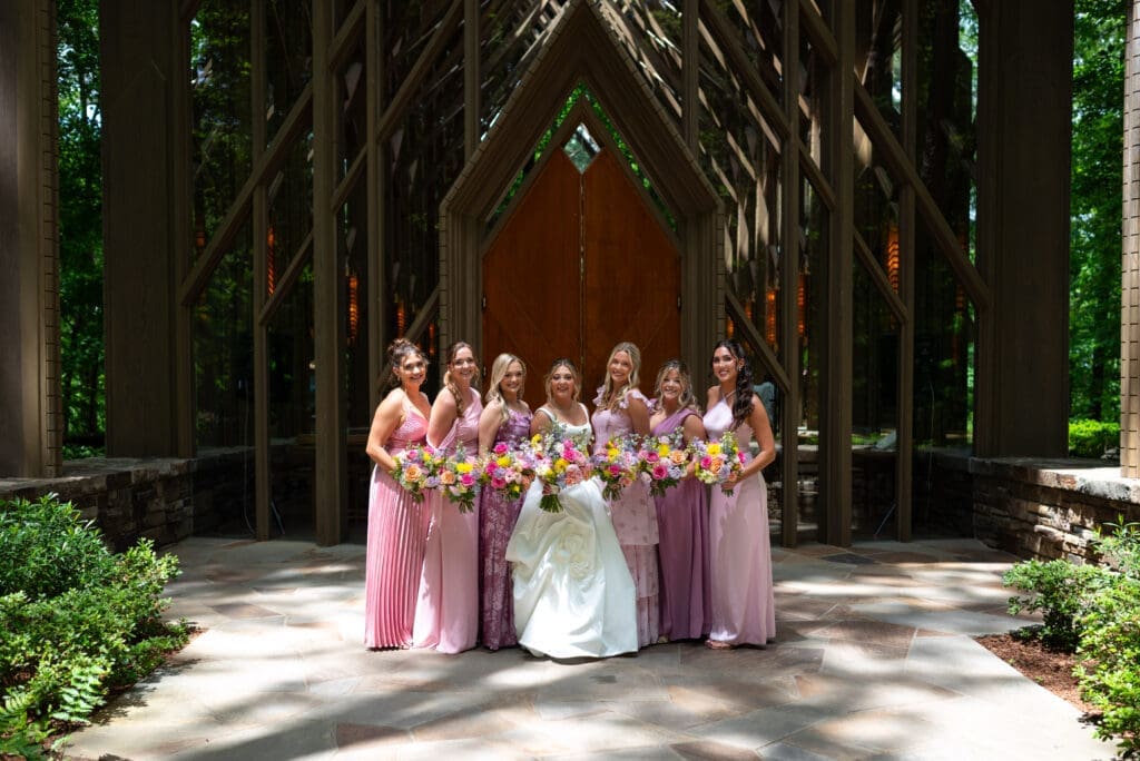 Bridal party in front of Anthony Chapel, Hot Springs, AR wedding. Shot in true to color style by Spirited Sage Photography, a Wisconsin based destination wedding photographer.