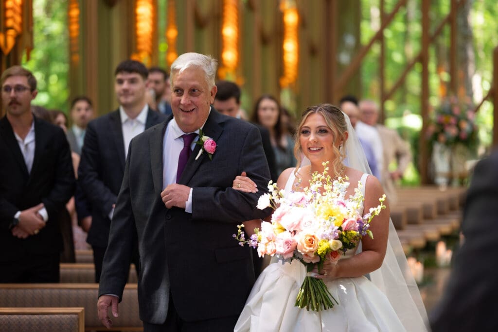 Bride and father at Anthony Chapel in Hot Springs, Arkansas in Garvan WOODLAND GARDENS. Whimsical Arkansas wedding venues