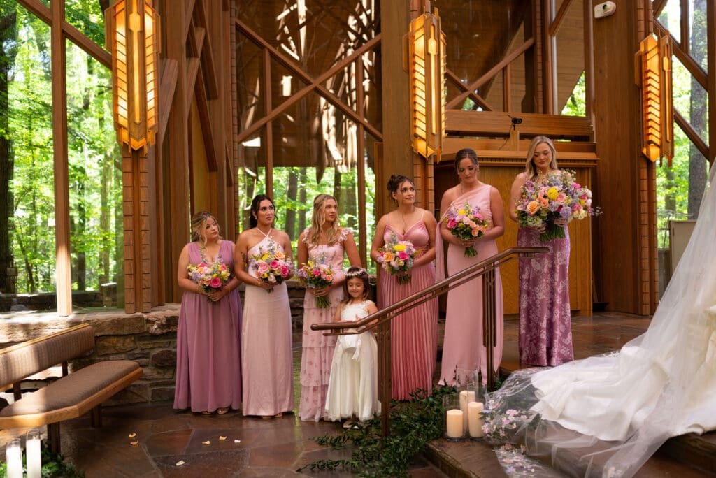 Wedding party at Anthony Chapel during ceremony. Hot Springs, Arkansas wedding chapel. Whimsical wedding venues near me. Whimsical wedding photographer