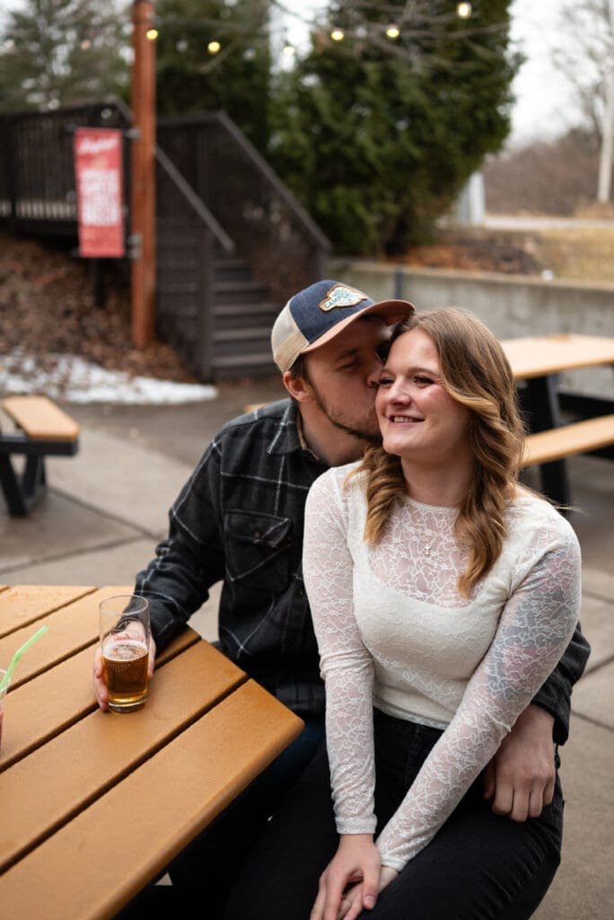 Brewery engagement session inspiration. Leinie Lodge photo session. True to color wedding photographer near Eau Claire.
