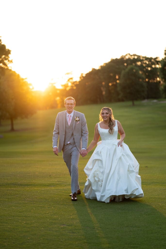 golden hour golf course country club wedding portrait