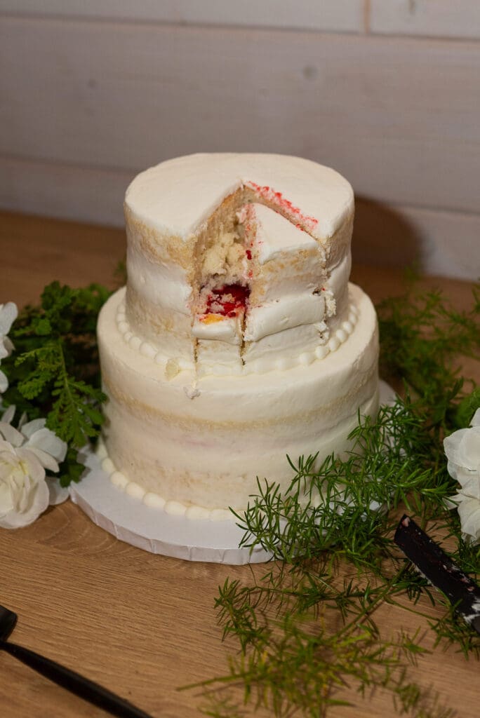 cut wedding cake flash photography