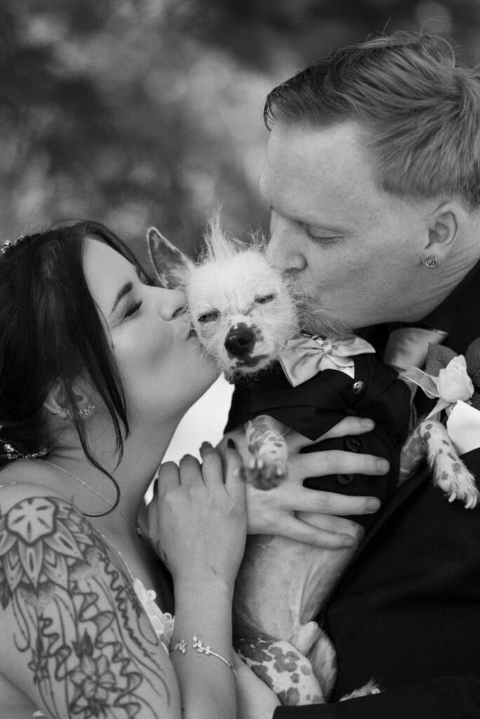 black and white image of bride and groom smooching puppy on wedding day