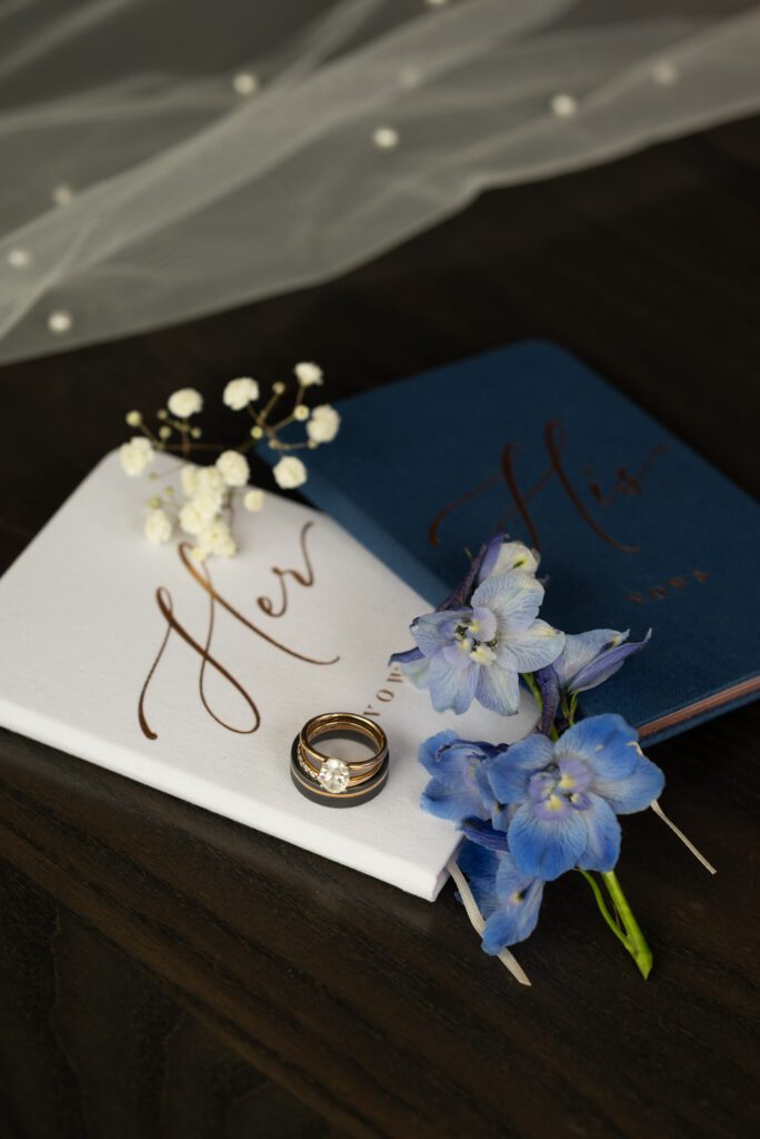 detail shot of rings and vow books
